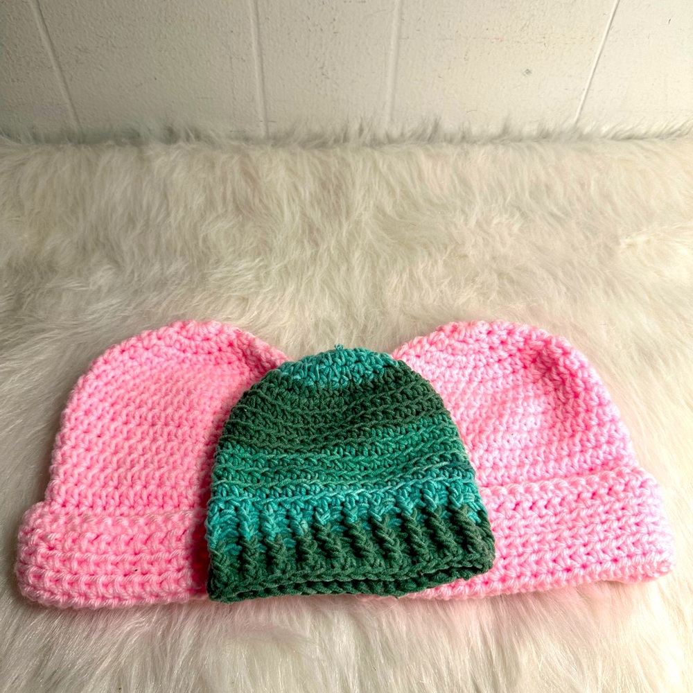 LOT OF 3 hand crocheted children’s beanie hats doll clothing babydoll handmade